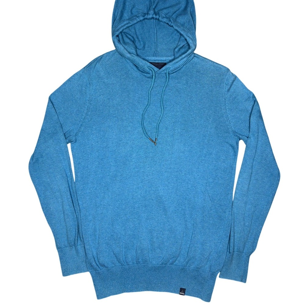 Prana Organic Cotton Sweater Hoodie Medium Blue Knit Pullover Drawstring Hood